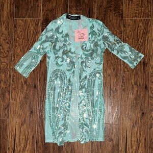 Lucky & Blessed Aqua Sequin Mesh Top